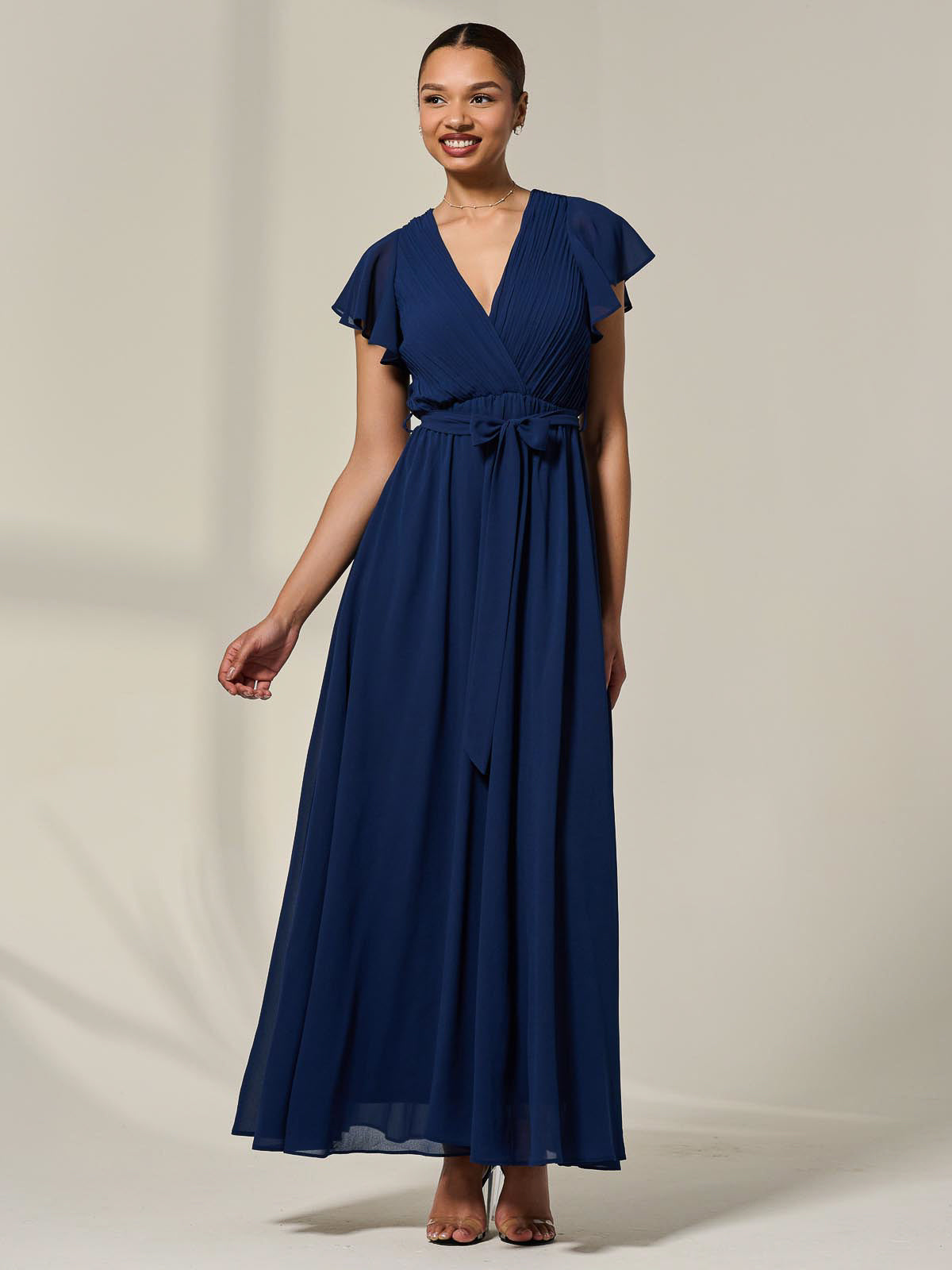 Chiffon Flutter Sleeve Maxi Dress Front View