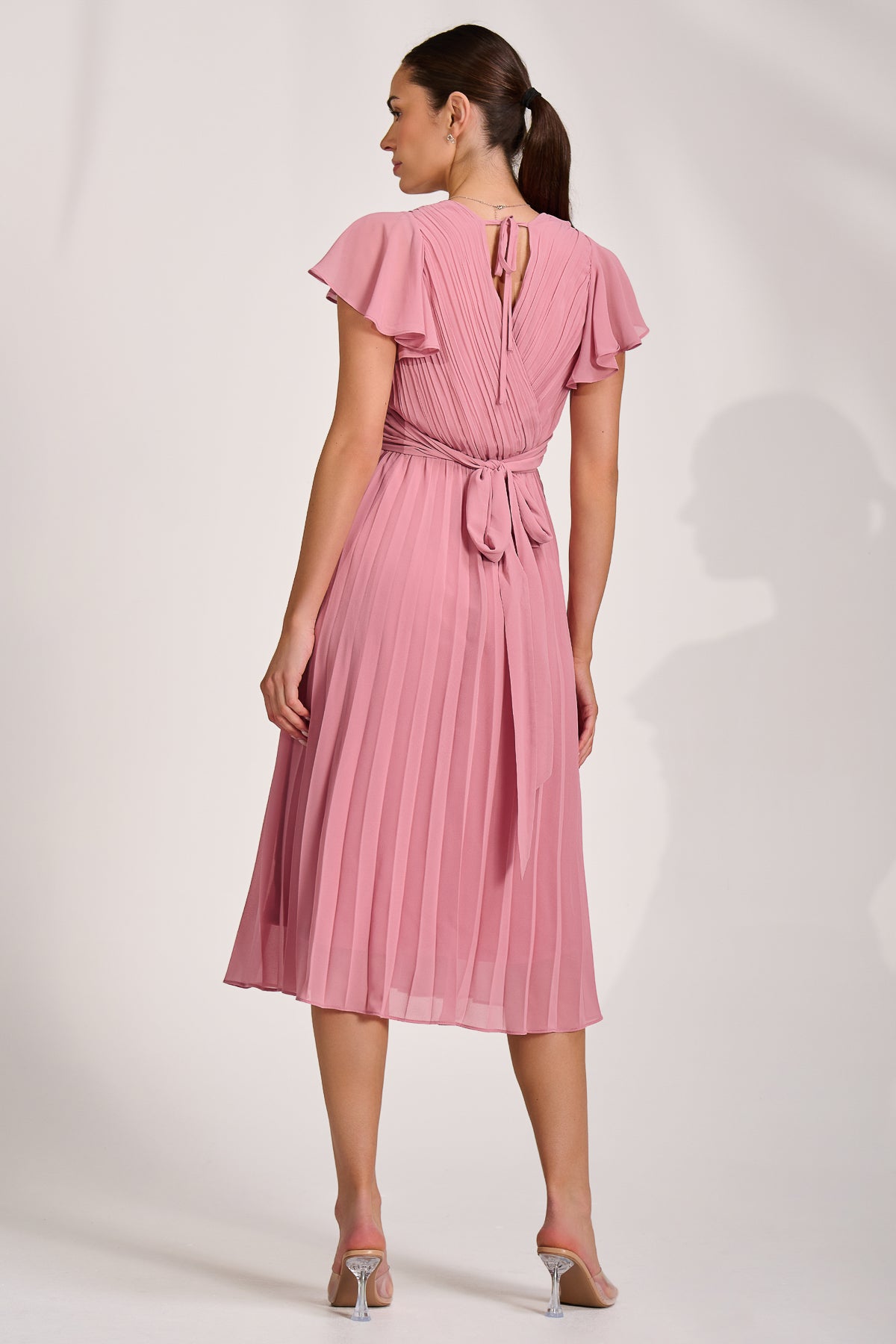 Ruffle Pleated Chiffon Midi Dress Dusty Pink Back View