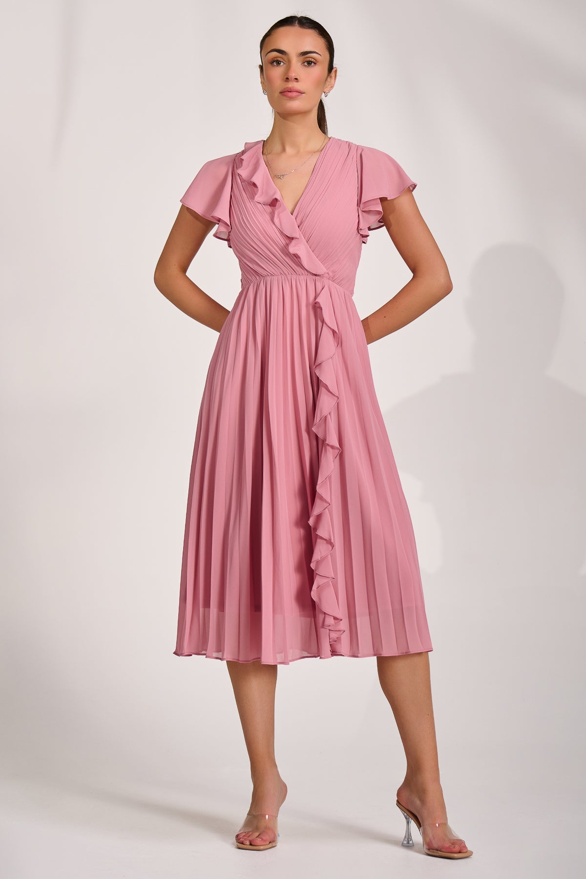 Ruffle Pleated Chiffon Midi Dress Dusty Pink Side View