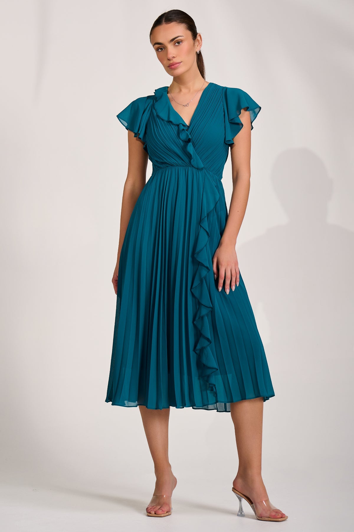 Ruffle Pleated Chiffon Midi Dress Front View