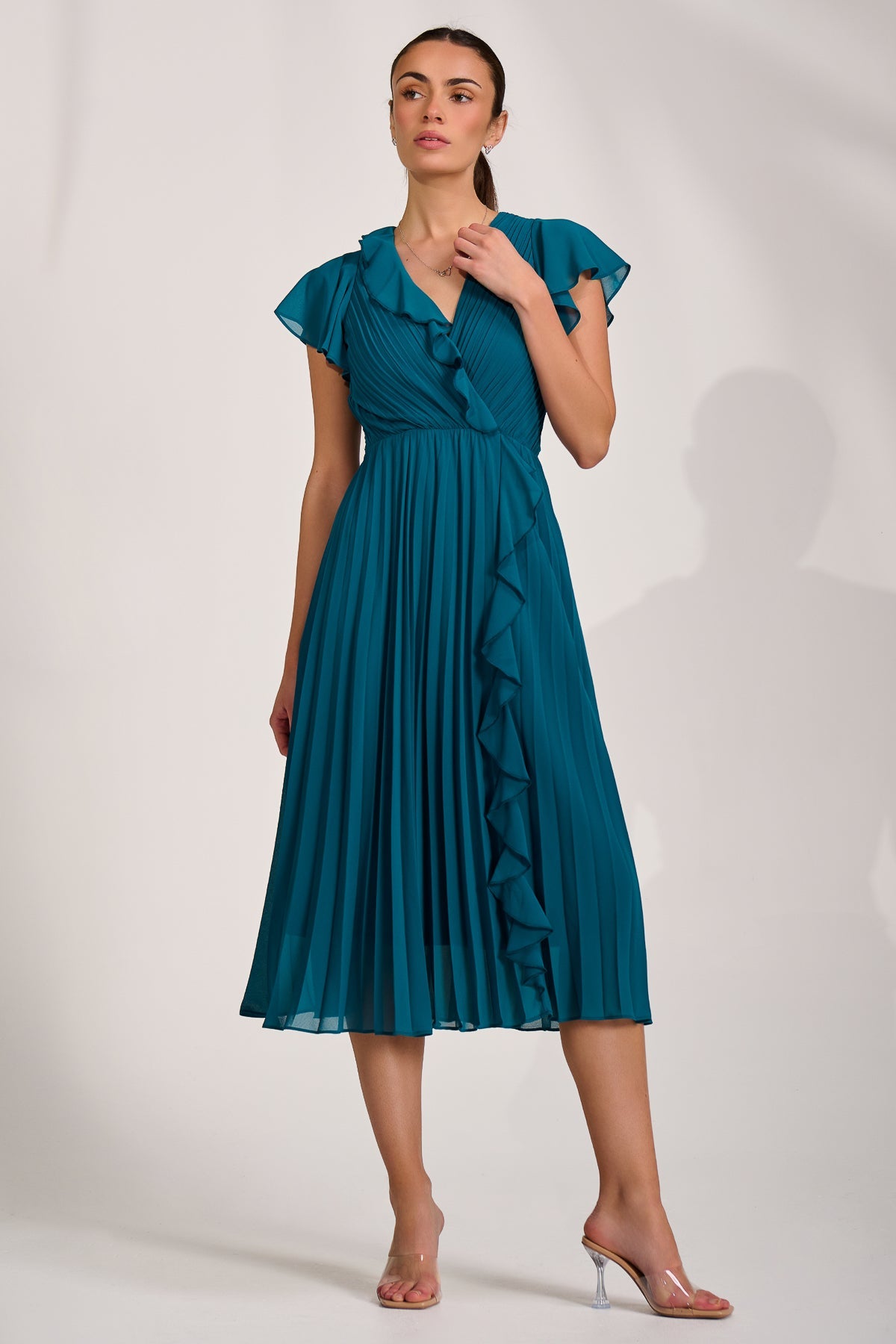 Ruffle Pleated Chiffon Midi Dress Detail View