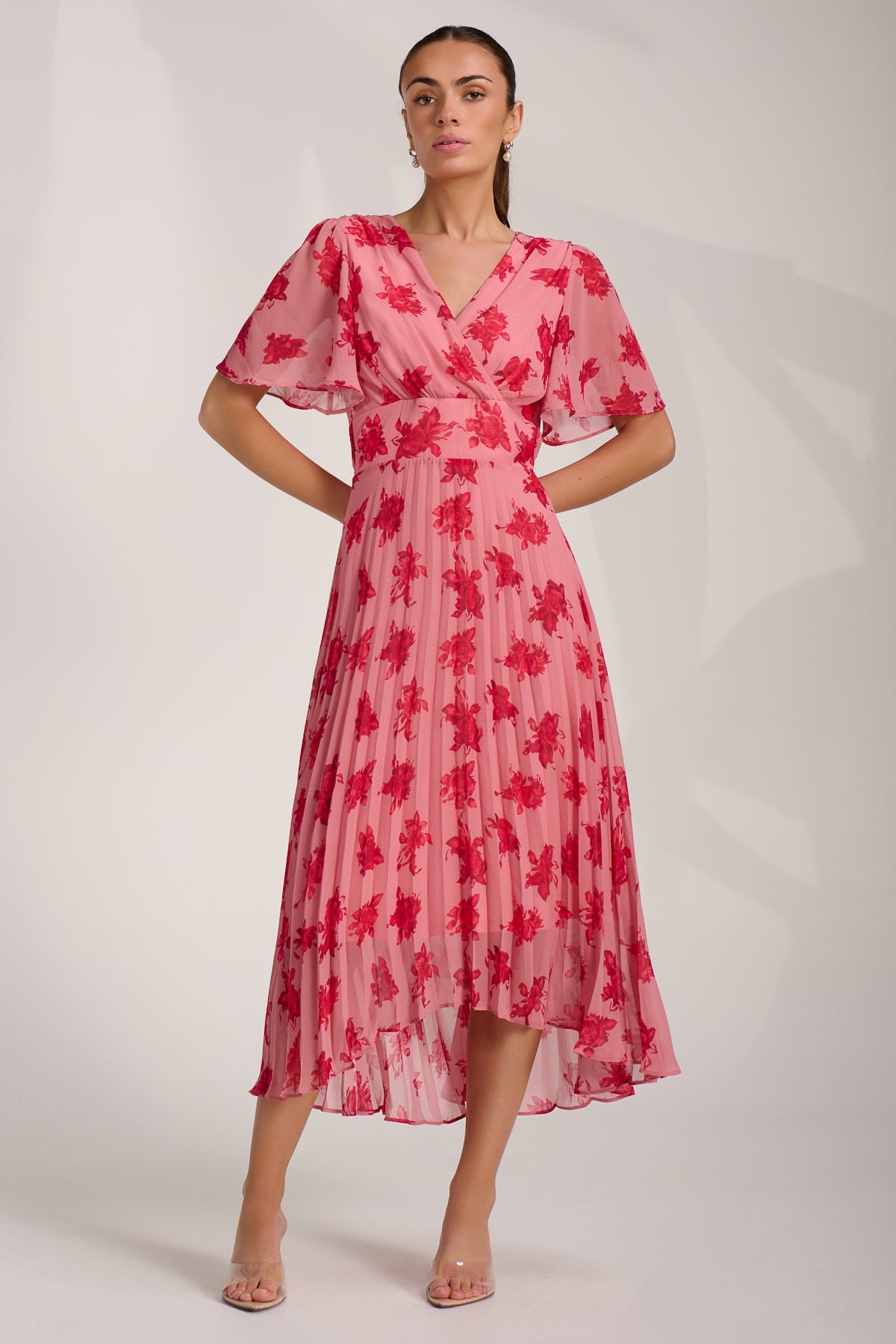 Chiffon Pleated Maxi Dress Coral Floral Front View