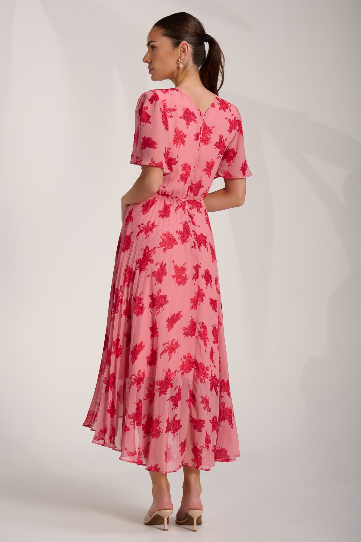 Chiffon Pleated Maxi Dress Coral Floral Back View