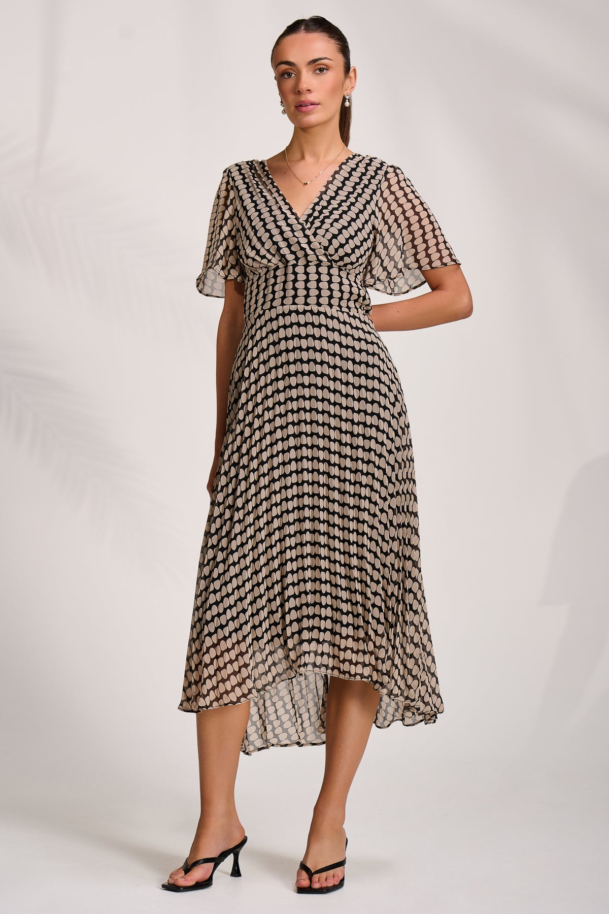 Pleated Chiffon Maxi Dress Stone/Black Full Length View