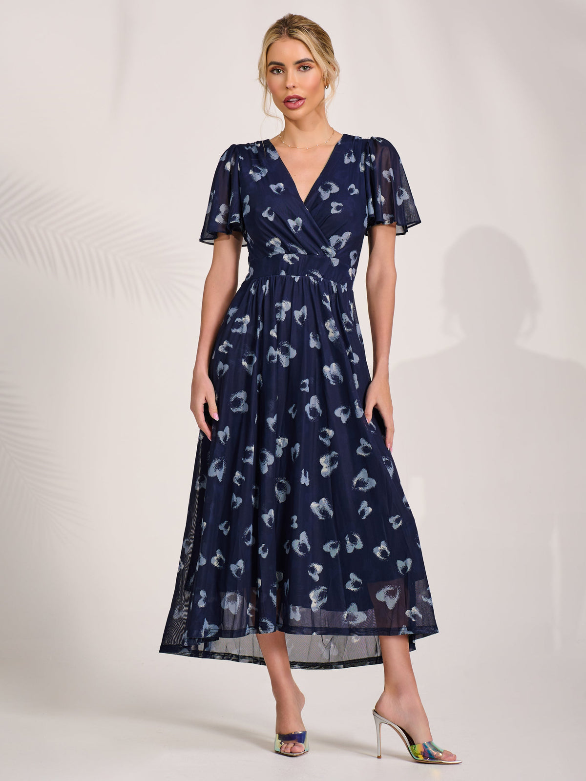 Anneli | Women's Mesh Long Puff-Sleeve Wrap Midi Dress