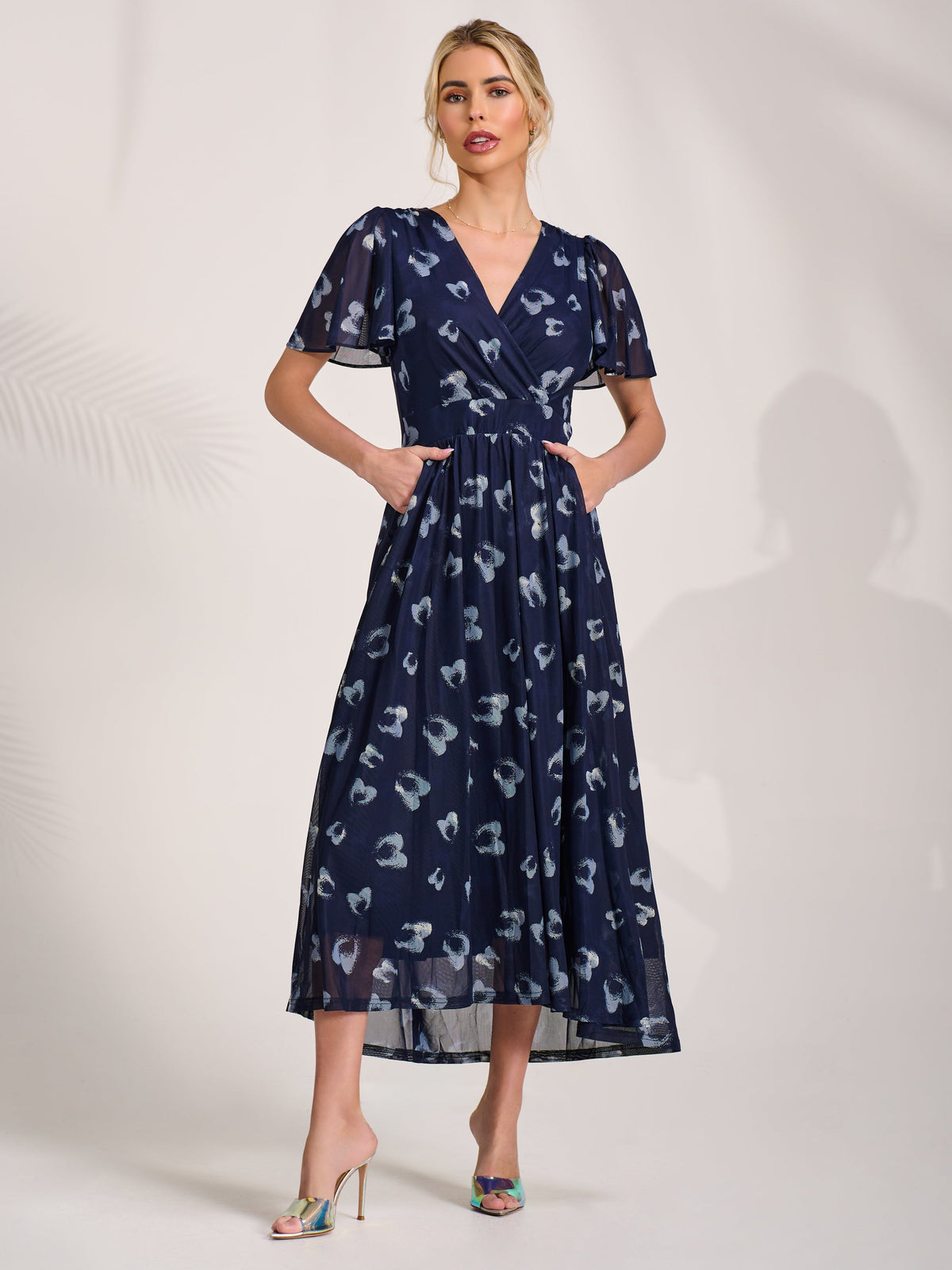 Anneli | Women's Mesh Long Puff-Sleeve Wrap Midi Dress