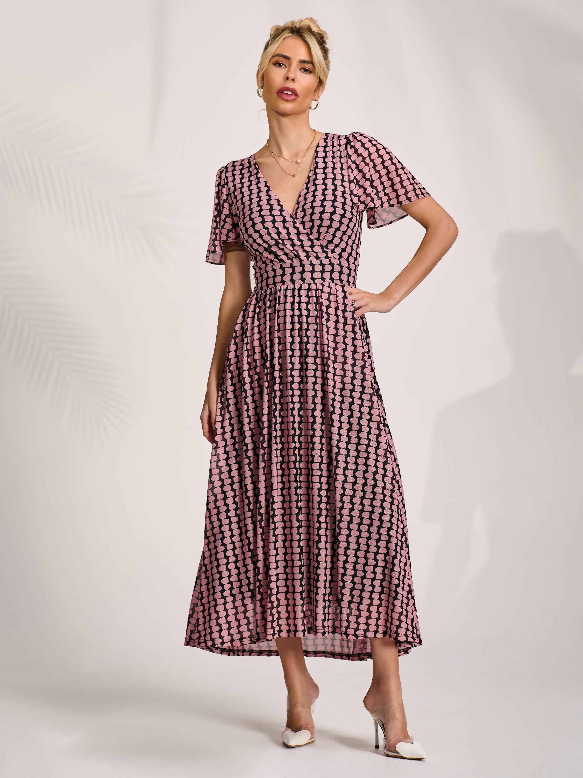 Mesh Short Sleeve Midaxi Dress PINK GEO Front View