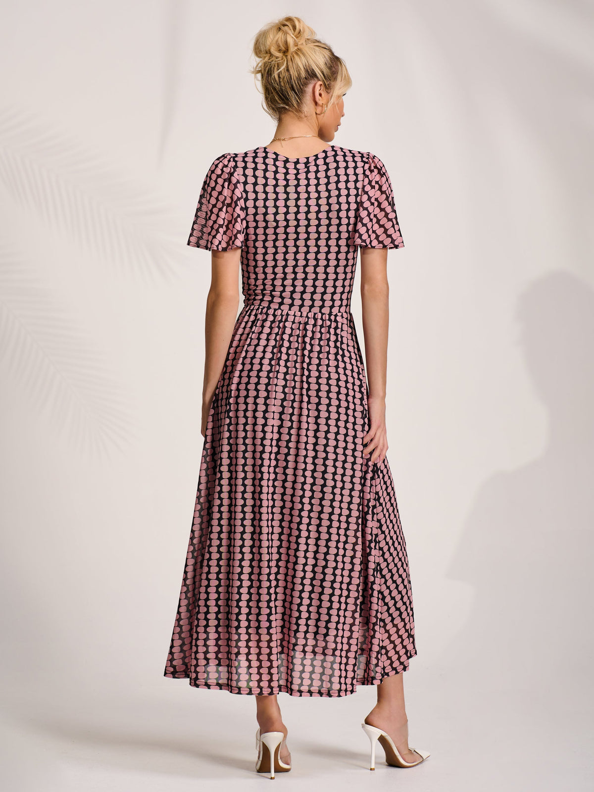 Mesh Short Sleeve Midaxi Dress PINK GEO Back View