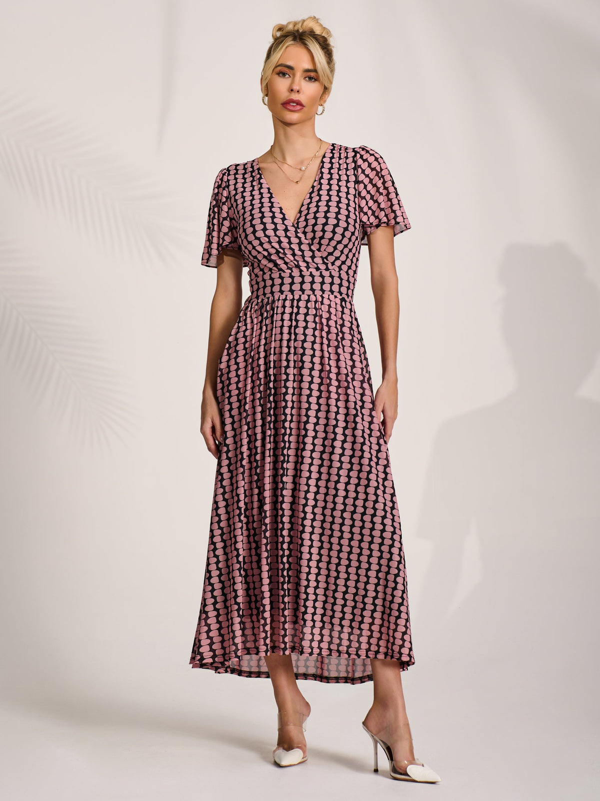Mesh Short Sleeve Midaxi Dress PINK GEO Styled View