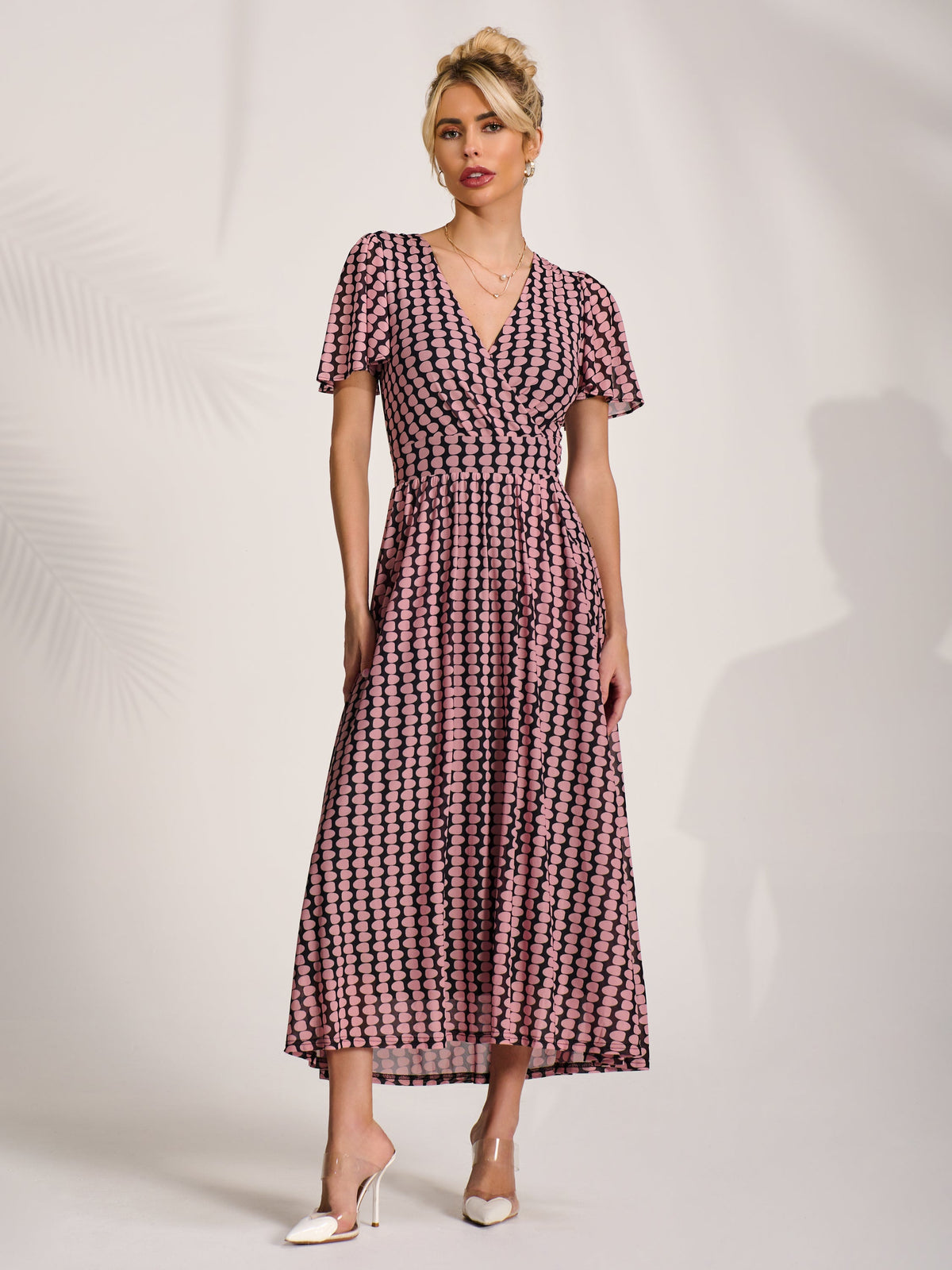 Mesh Short Sleeve Midaxi Dress PINK GEO Full Length View