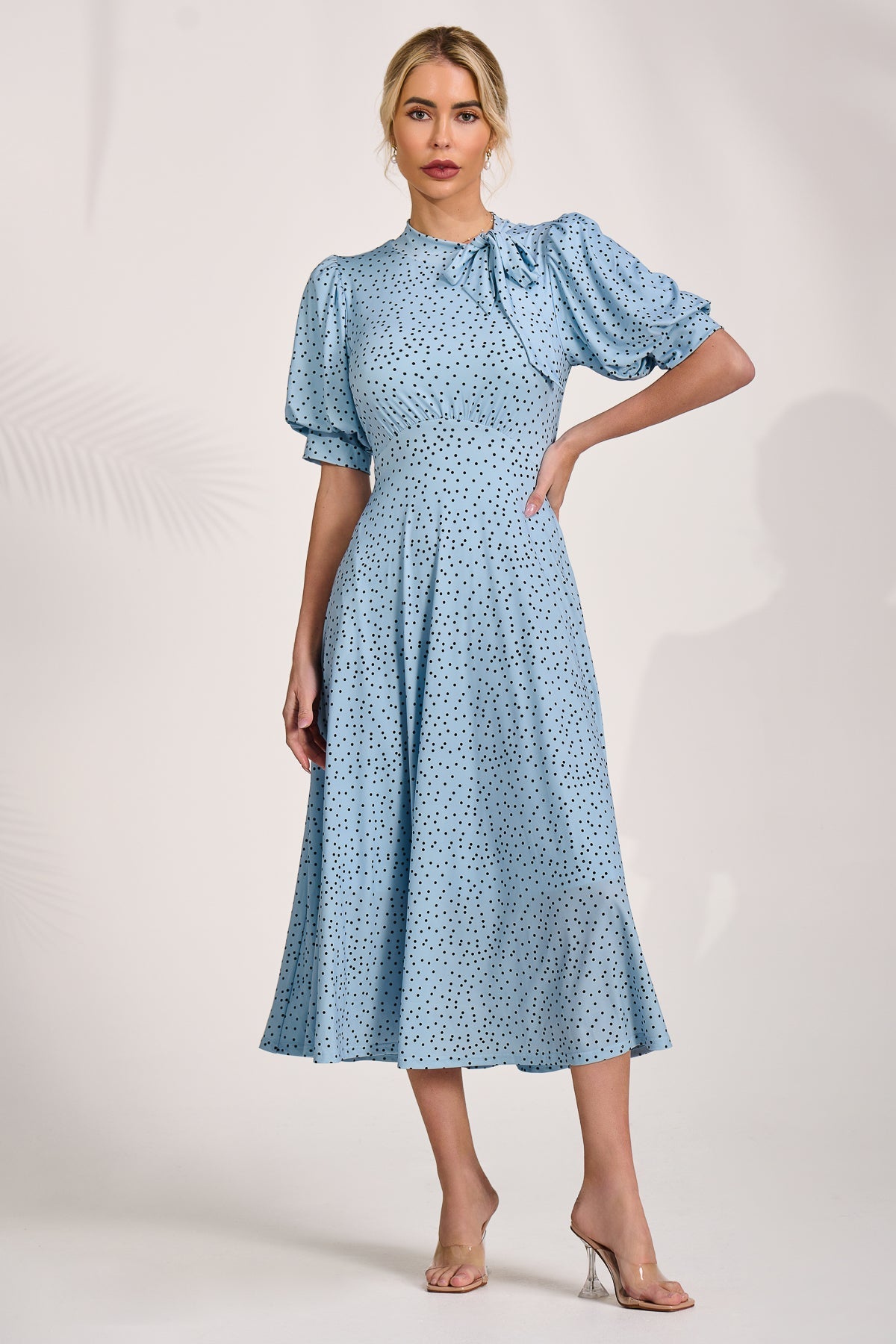 Tie Neck Puffy Sleeve Jersey Midi Dress Blue Spot Front View
