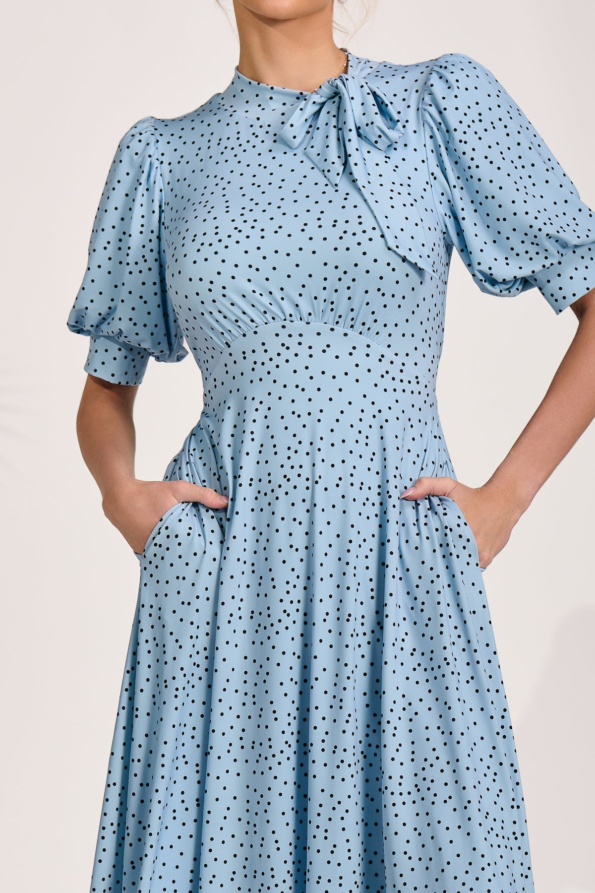 Tie Neck Puffy Sleeve Jersey Midi Dress Blue Spot Side View