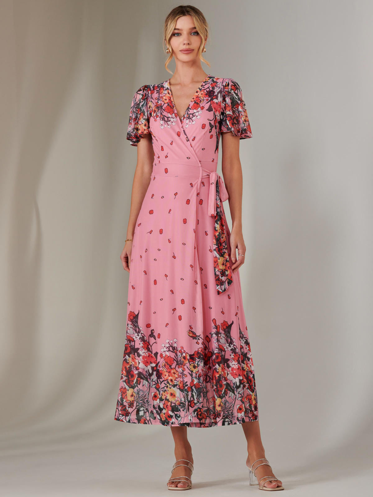 Mirror Print Mesh Wrap Maxi Dress Front View