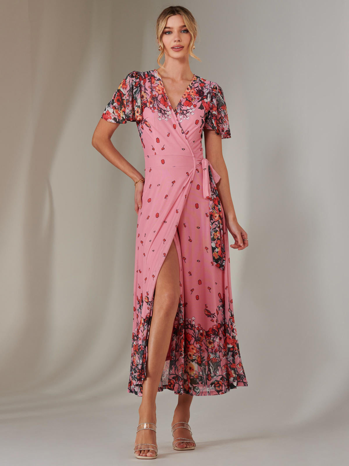 Mirror Print Mesh Wrap Maxi Dress Styled View