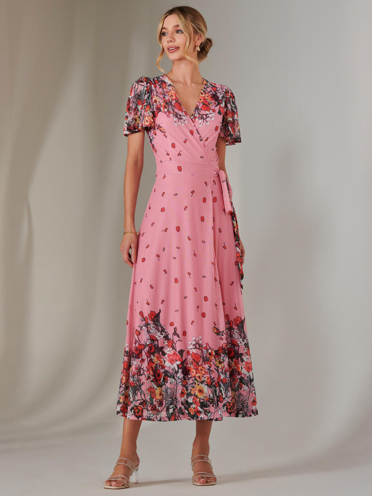 Mirror Print Mesh Wrap Maxi Dress Full Length View