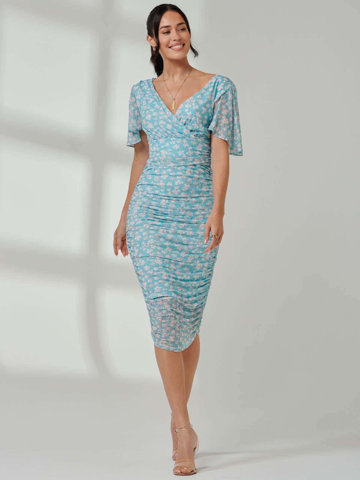 Angel Sleeved Floral Mesh Bodycon Dress Detail View