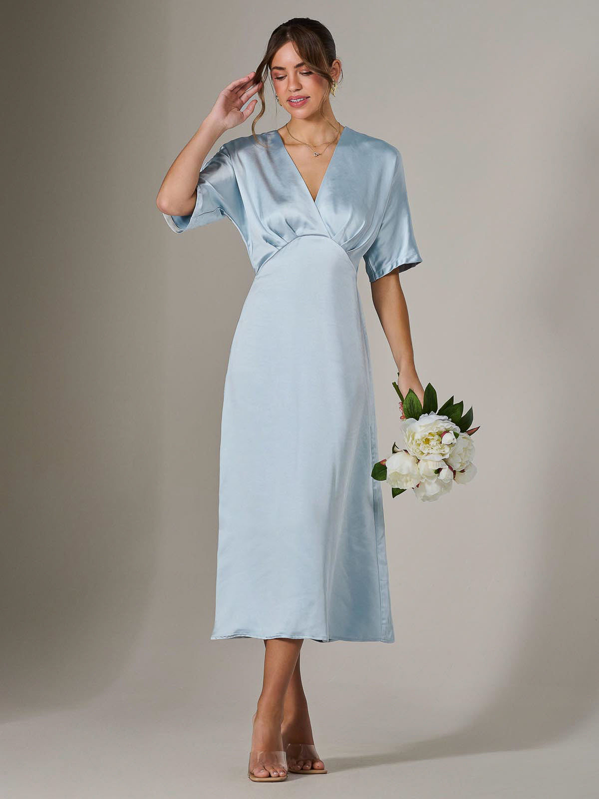 Satin A-Line Midaxi Dress BLUE Front View 2