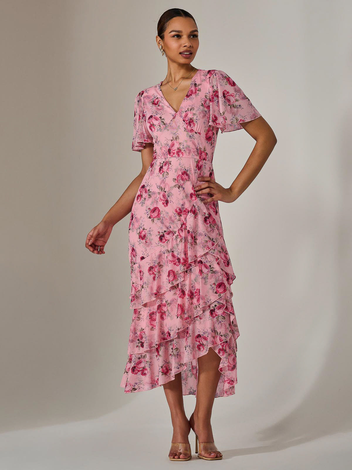 Mesh Print Frill Hem Midaxi Dress Styled View