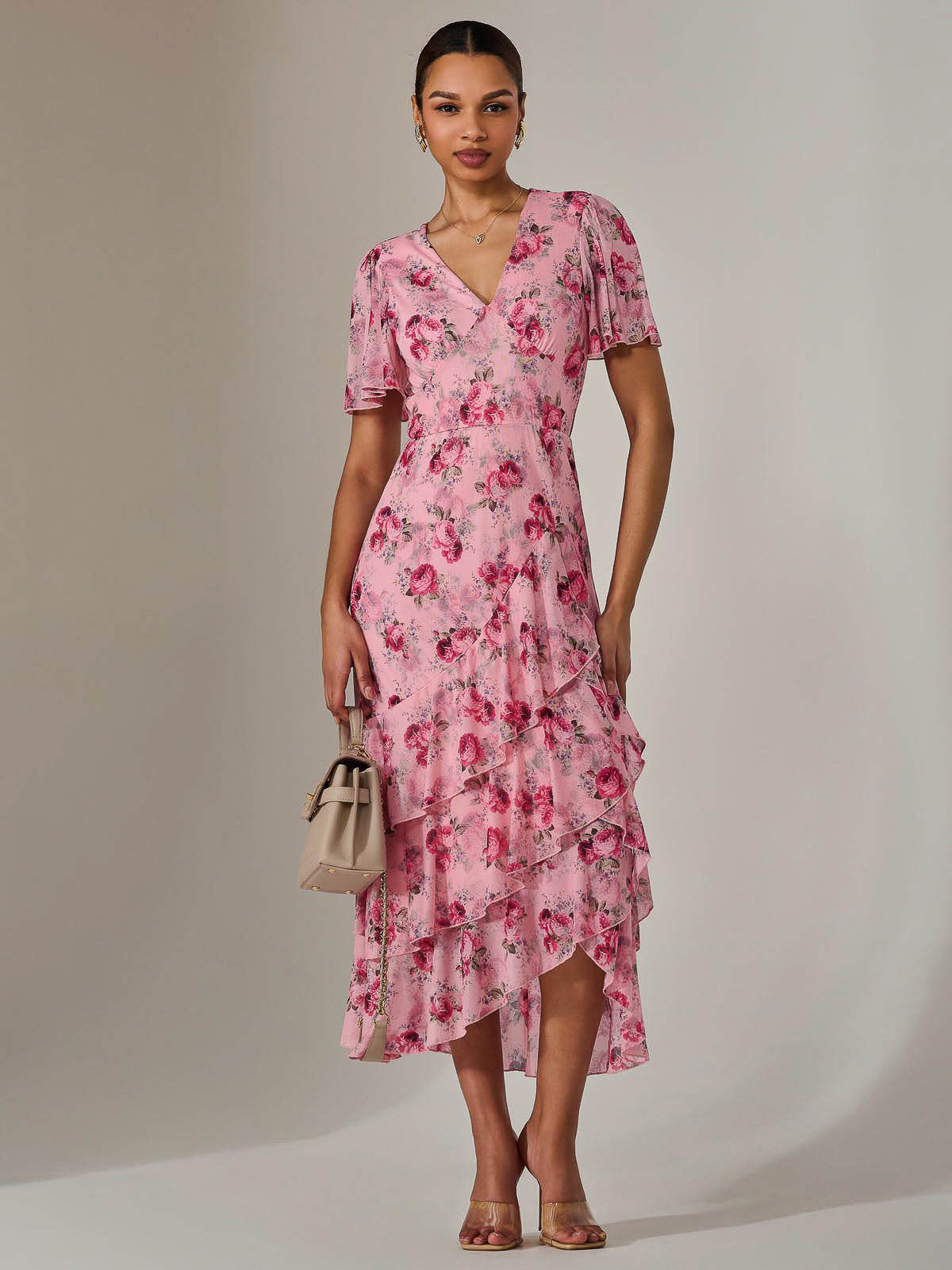 Mesh Print Frill Hem Midaxi Dress Front View 2