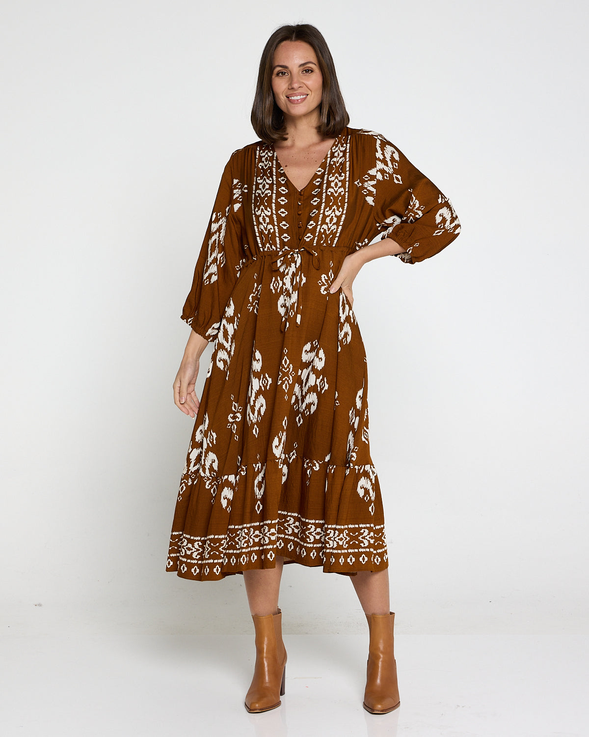 Women's Rosalie printed tiered midi dress in Brown