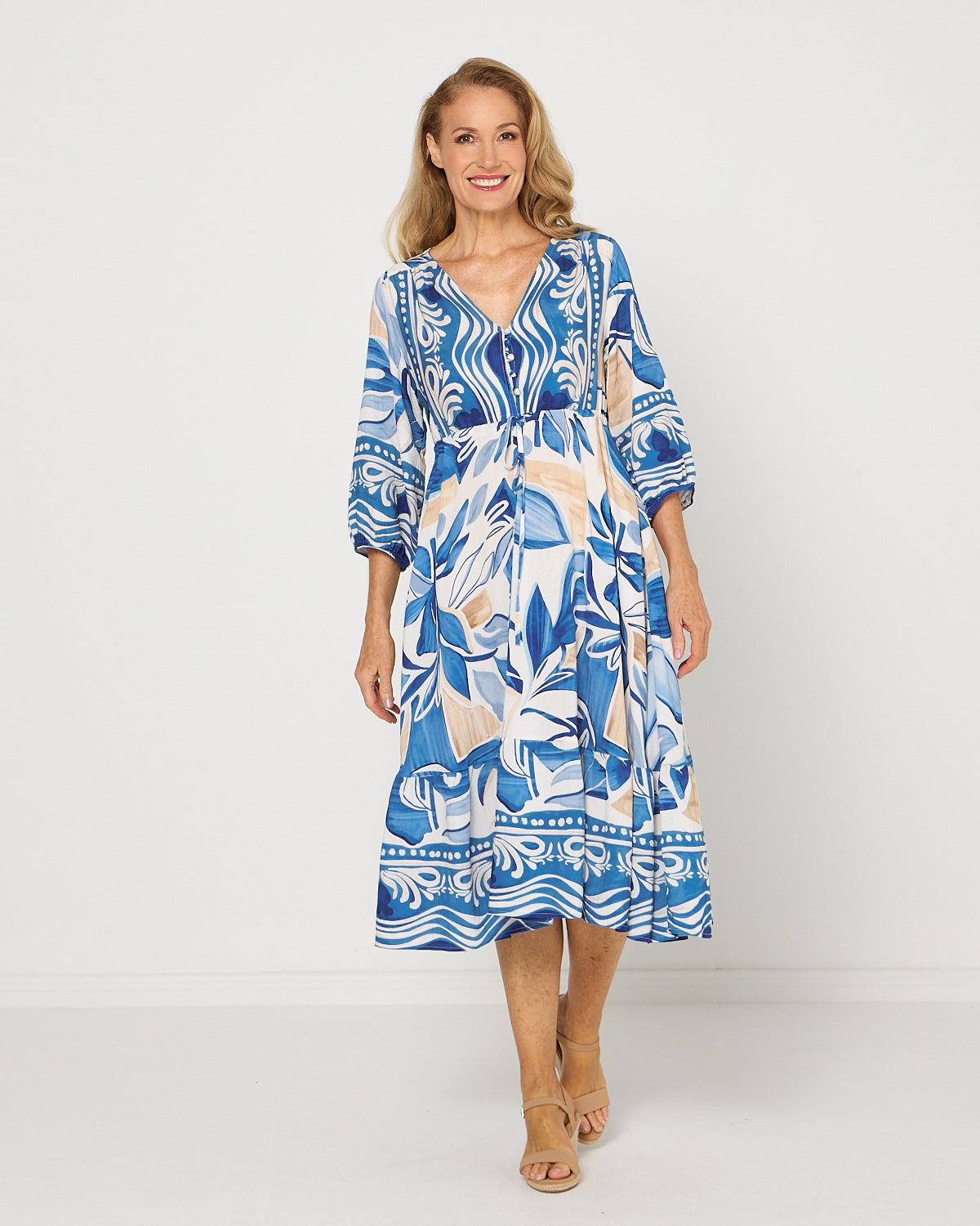 Women's Rosalie printed tiered midi dress in Blue