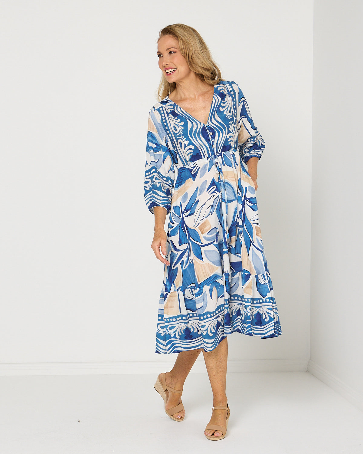 Women's Rosalie printed tiered midi dress in Blue