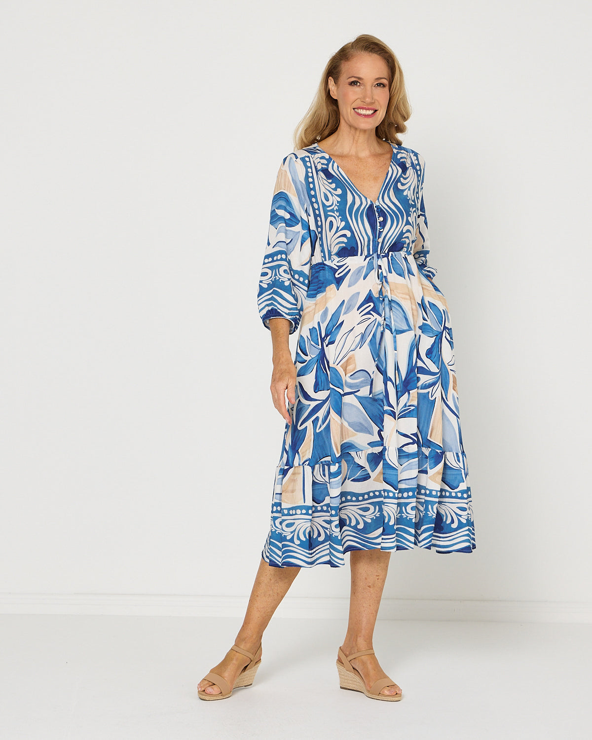Women's Rosalie printed tiered midi dress in Blue
