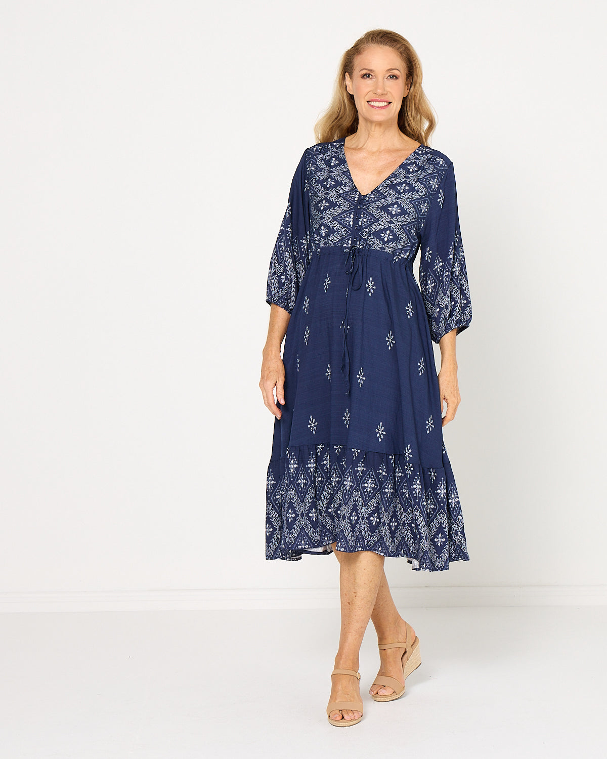 Women's Rosalie printed tiered midi dress in Navy