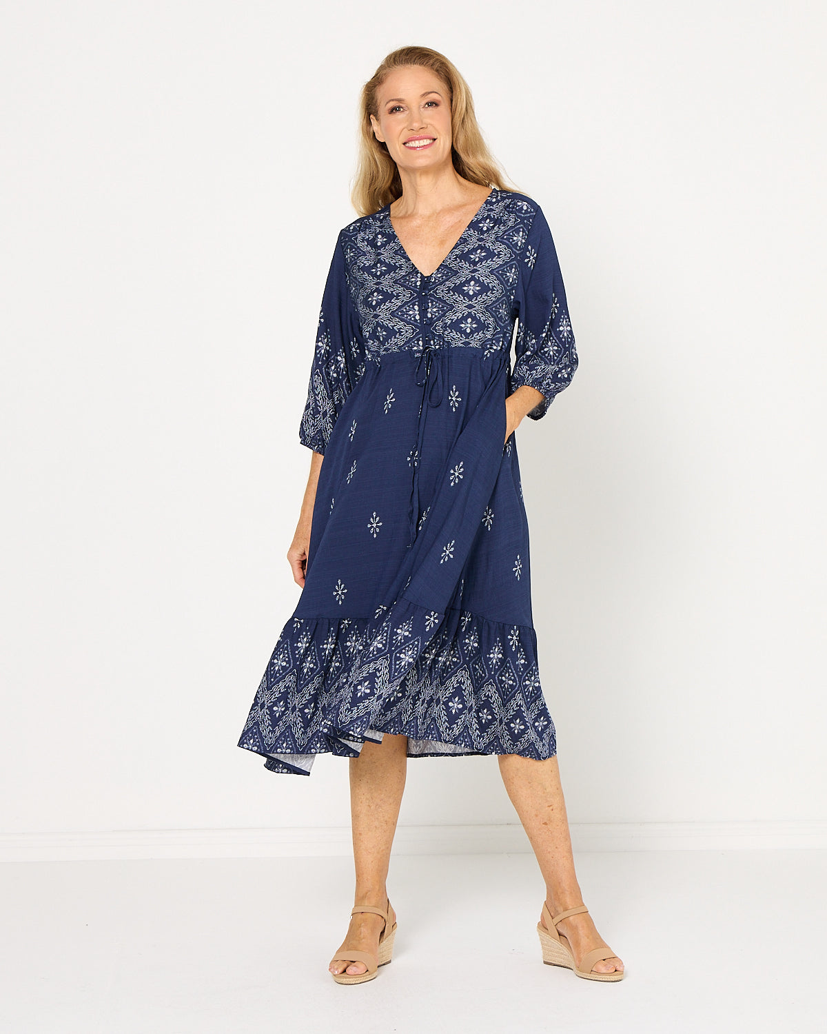Women's Rosalie printed tiered midi dress in Navy