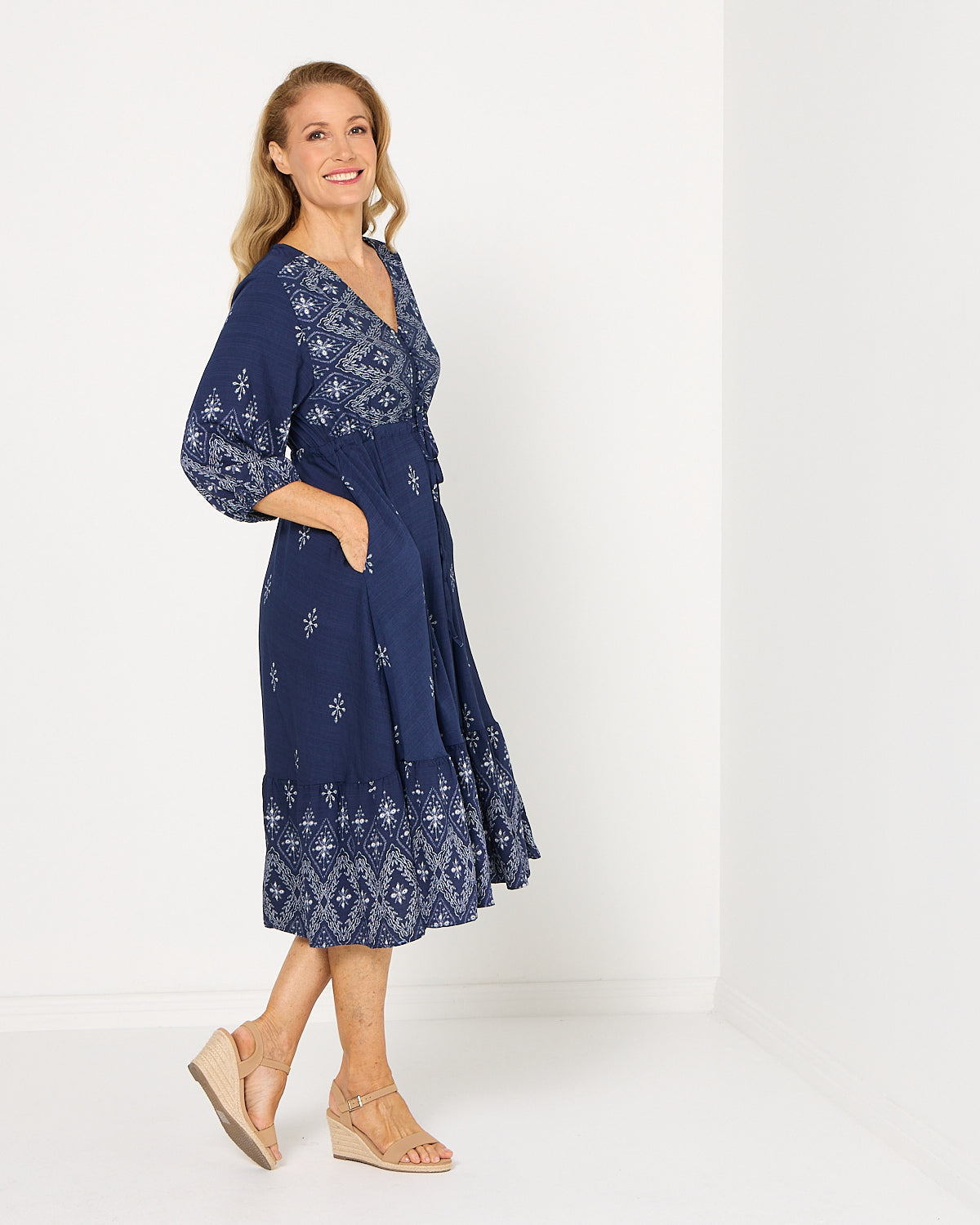 Women's Rosalie printed tiered midi dress in Navy