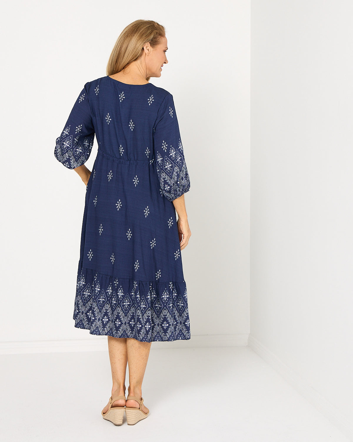 Women's Rosalie printed tiered midi dress in Navy