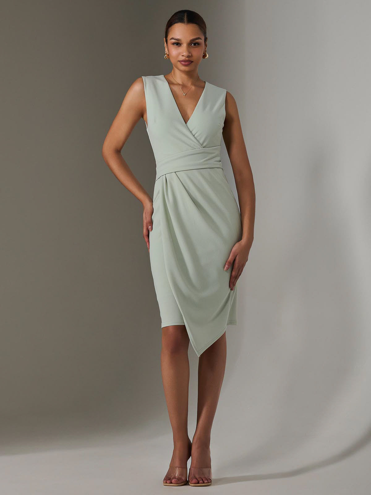 Sleeveless Wrap Front Midi Dress Front View