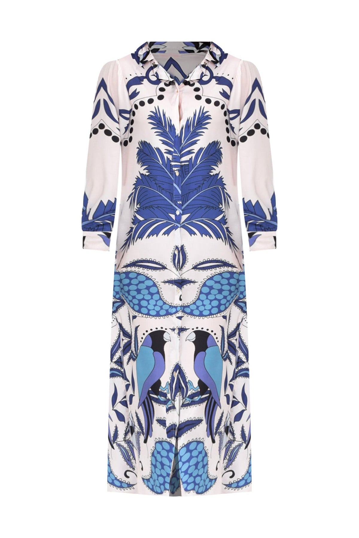 Shayli Blue Tropical Shirt Dress Front View