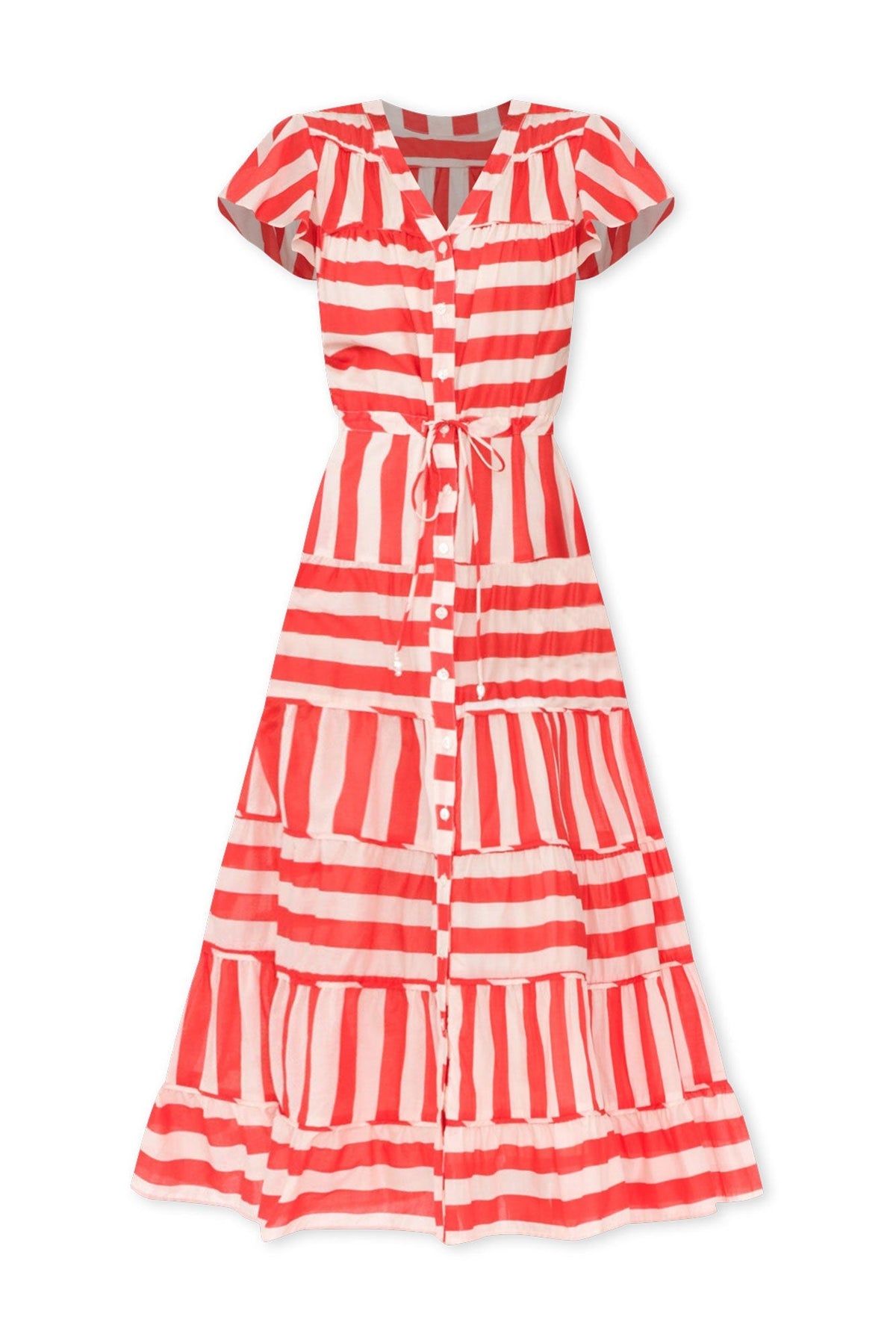 Delilah Red Stripe Cotton Tiered Dress Front View