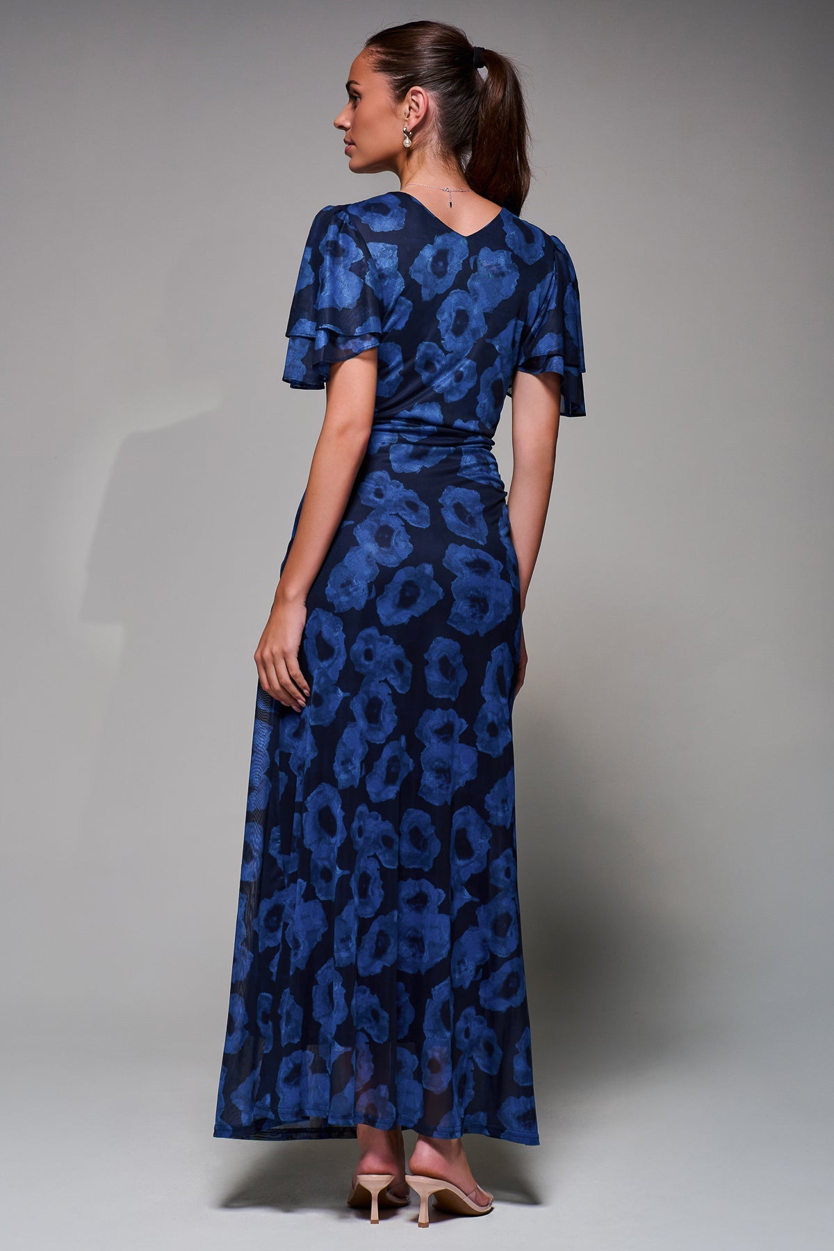 Angel Sleeve Draped Mesh Maxi Dress Blue Abstract Back View