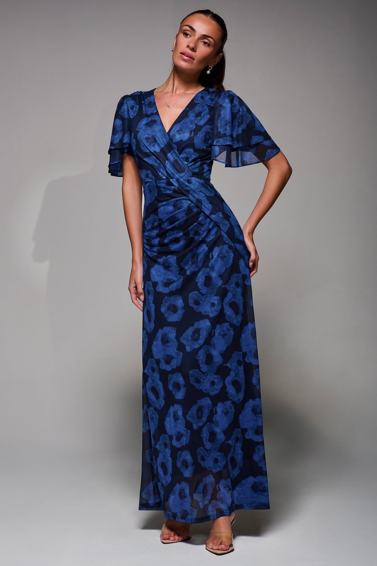 Angel Sleeve Draped Mesh Maxi Dress Blue Abstract Detail View