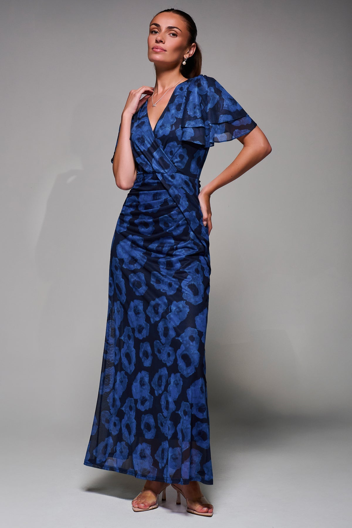Angel Sleeve Draped Mesh Maxi Dress Blue Abstract Front View 2