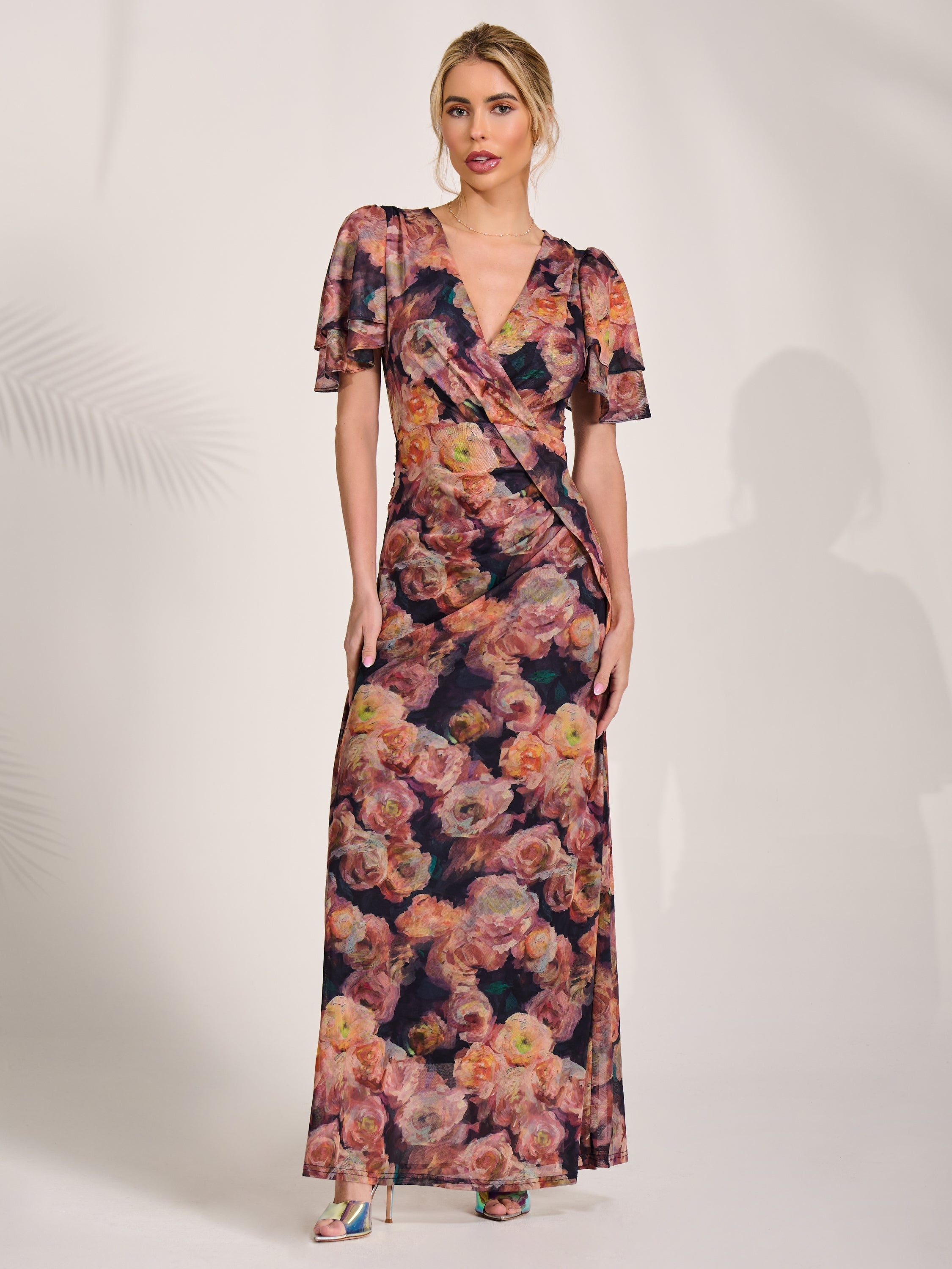 Angel Sleeve Draped Mesh Maxi Dress Front View