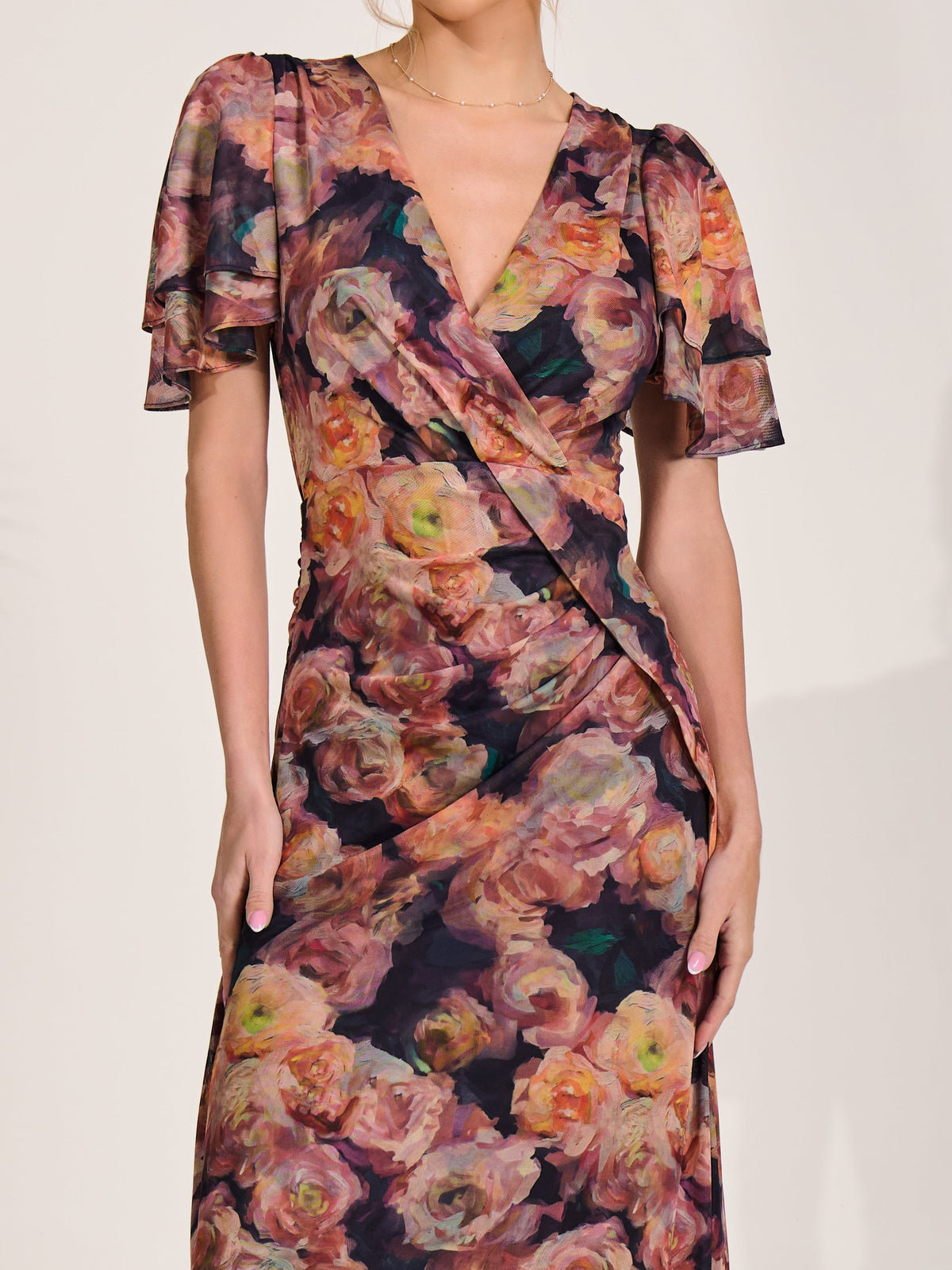 Angel Sleeve Draped Mesh Maxi Dress Side View
