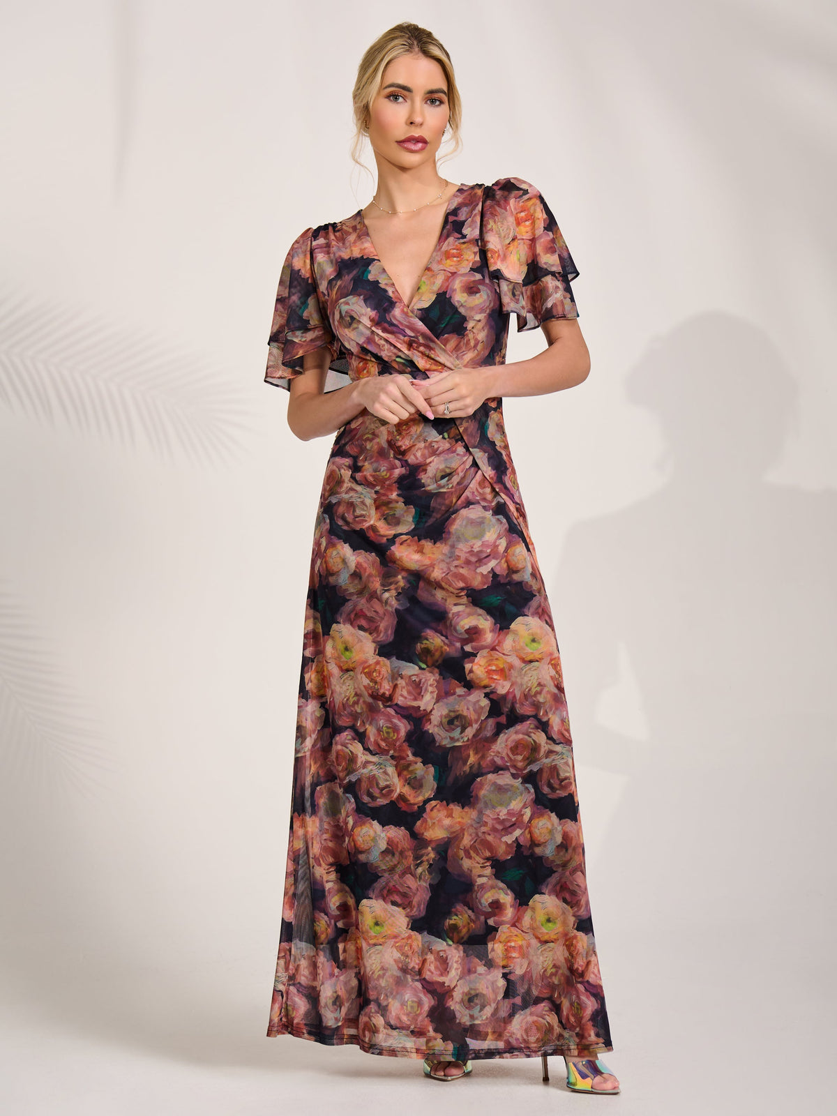 Angel Sleeve Draped Mesh Maxi Dress Full Length View