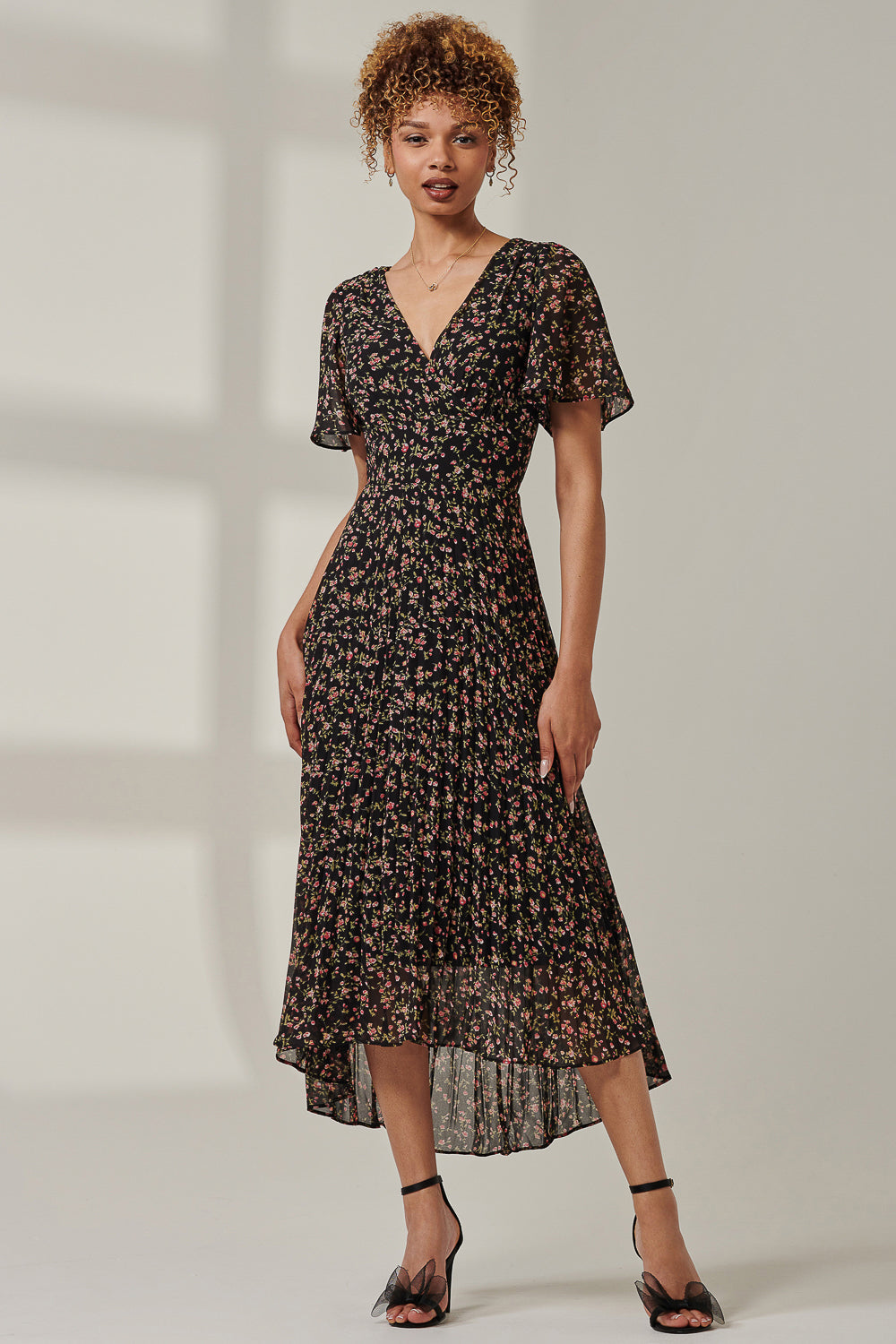 Floral Chiffon V Neck Midaxi Dress Full Length View