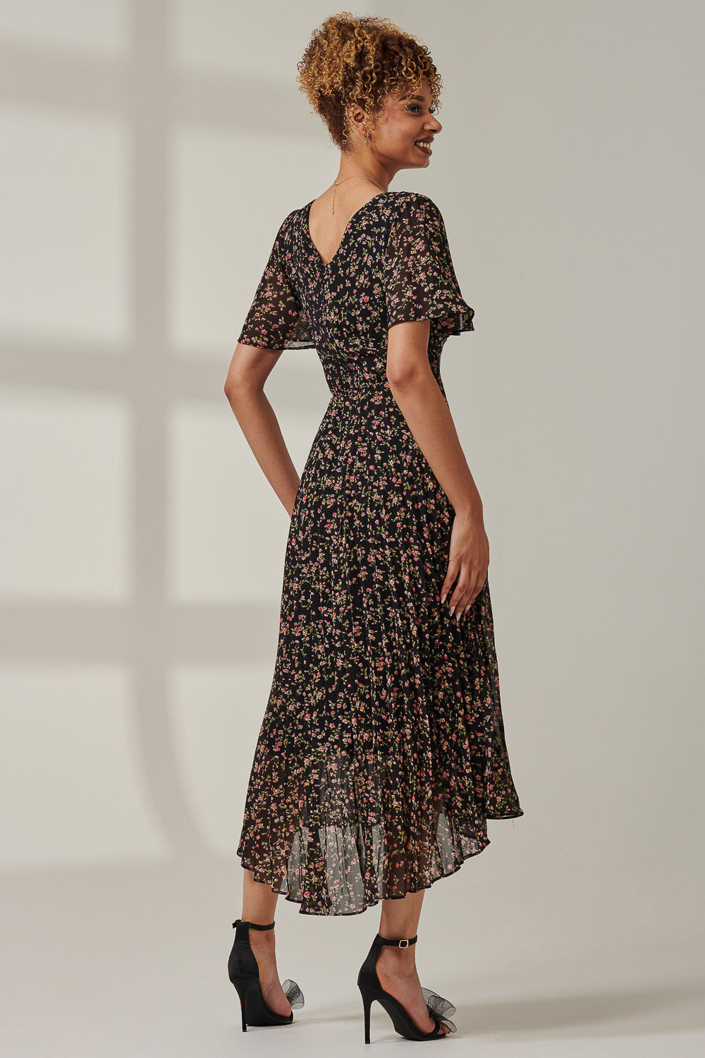 Floral Chiffon V Neck Midaxi Dress Back View