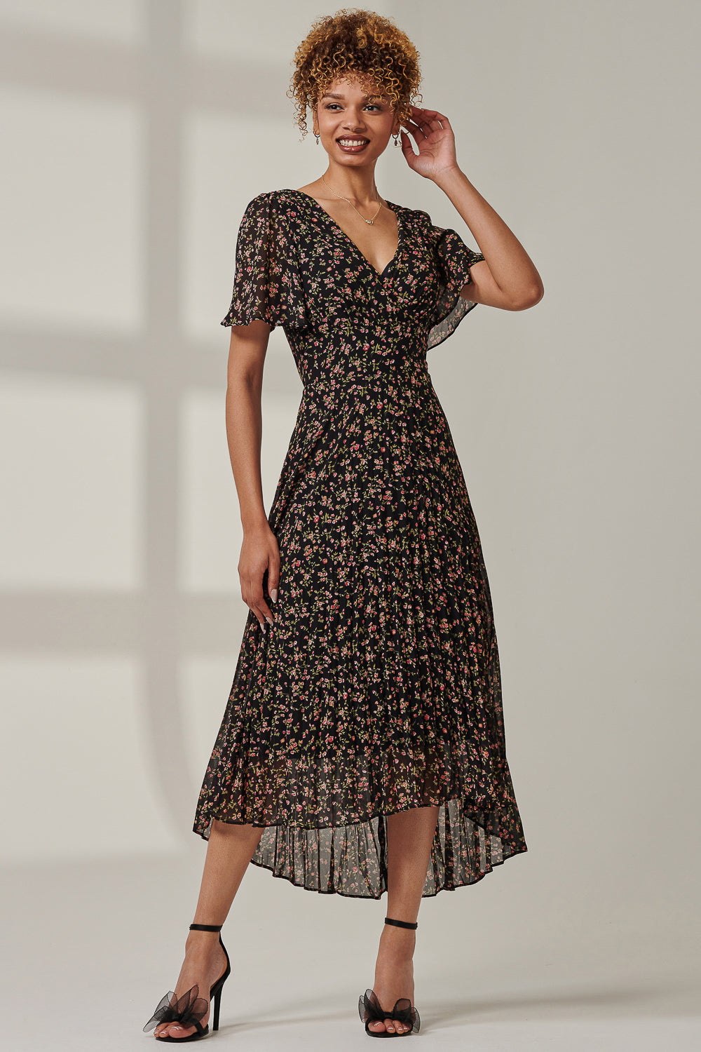 Floral Chiffon V Neck Midaxi Dress Styled View