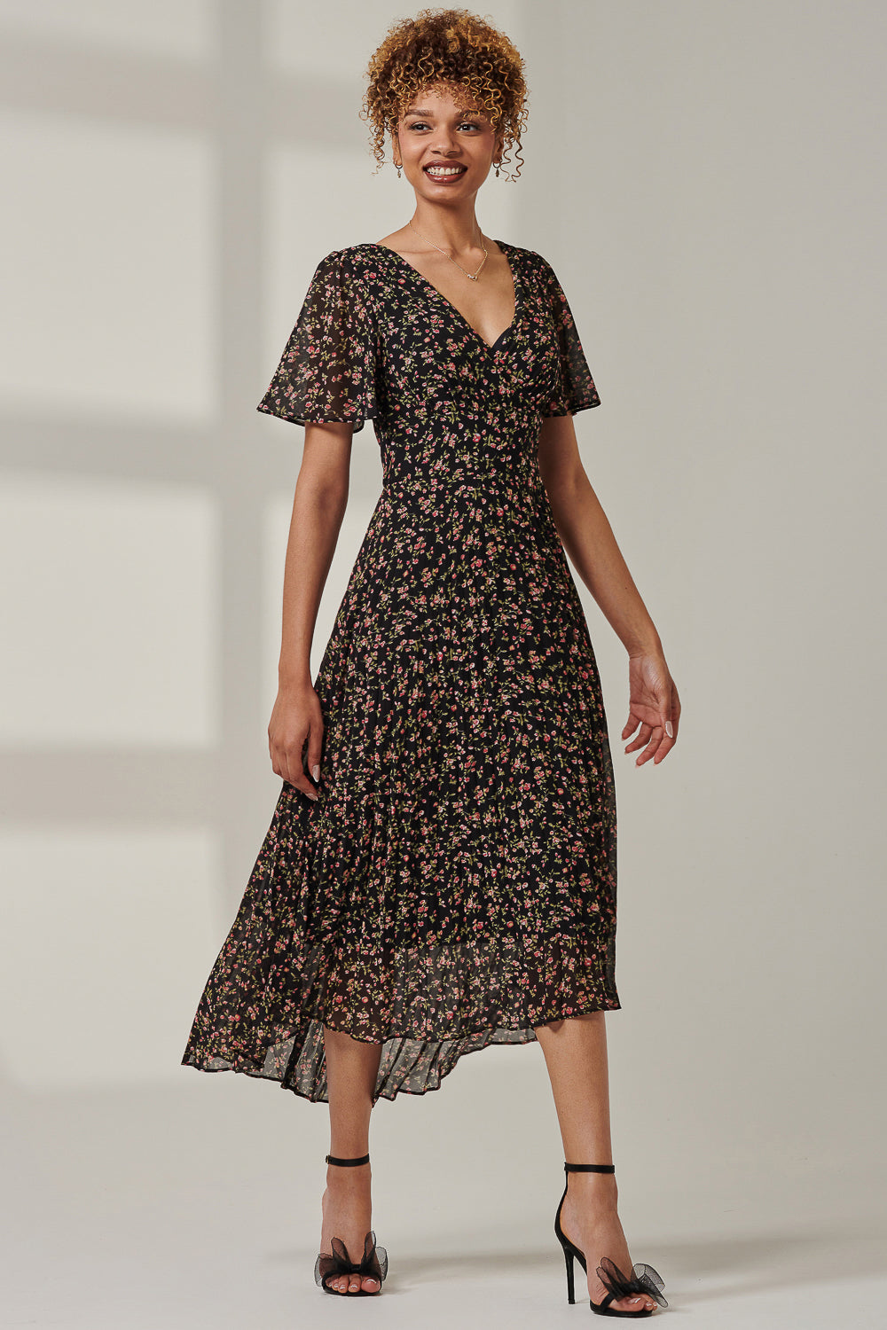 Floral Chiffon V Neck Midaxi Dress Front View