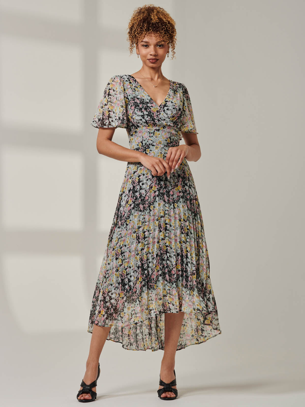 Floral Chiffon V Neck Midaxi Dress Black Multi Front View 2