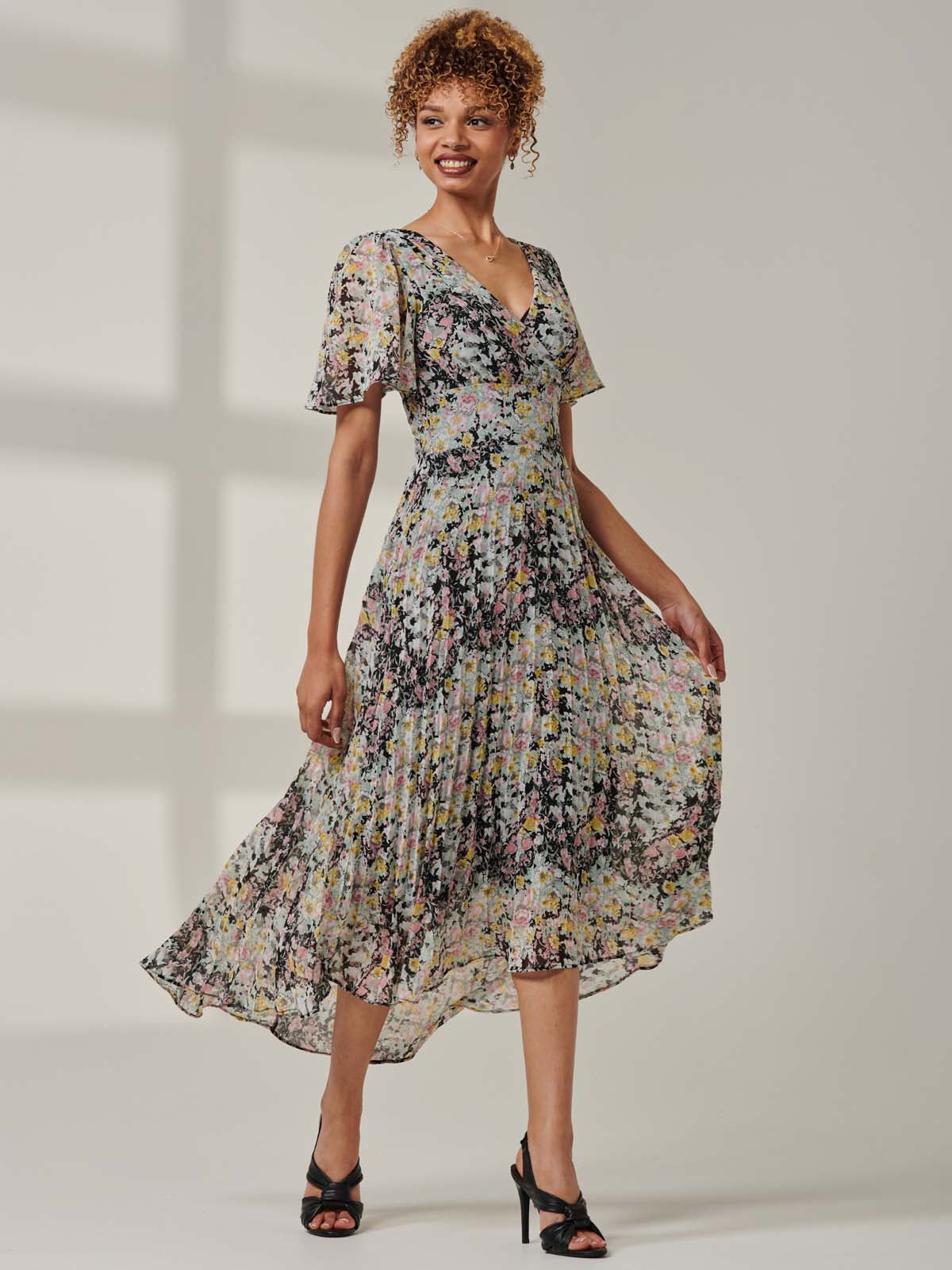 Floral Chiffon V Neck Midaxi Dress Black Multi Detail View