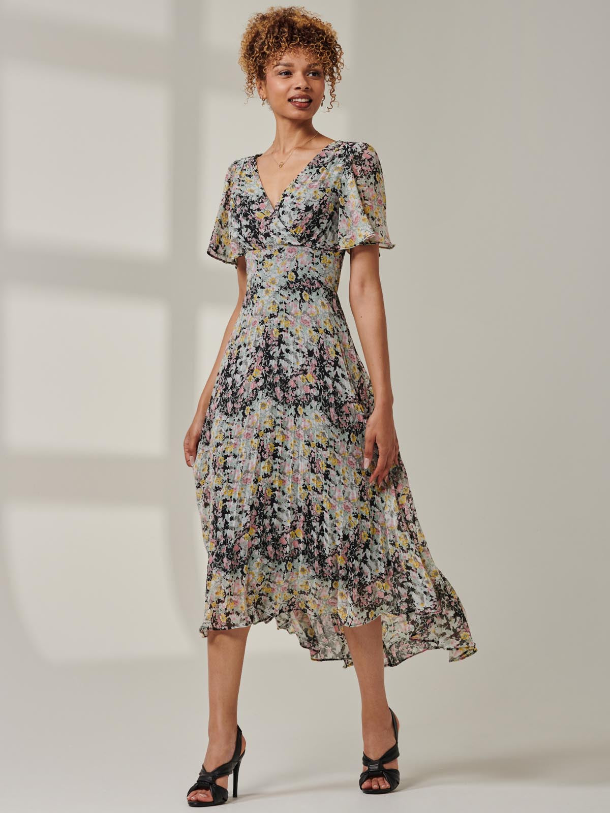 Floral Chiffon V Neck Midaxi Dress Black Multi Styled View