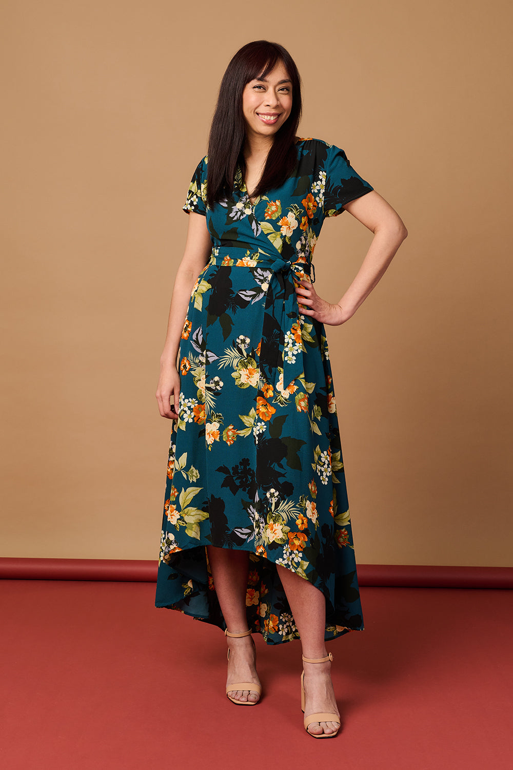 Floral High Low Wrap Maxi Dress Styled View