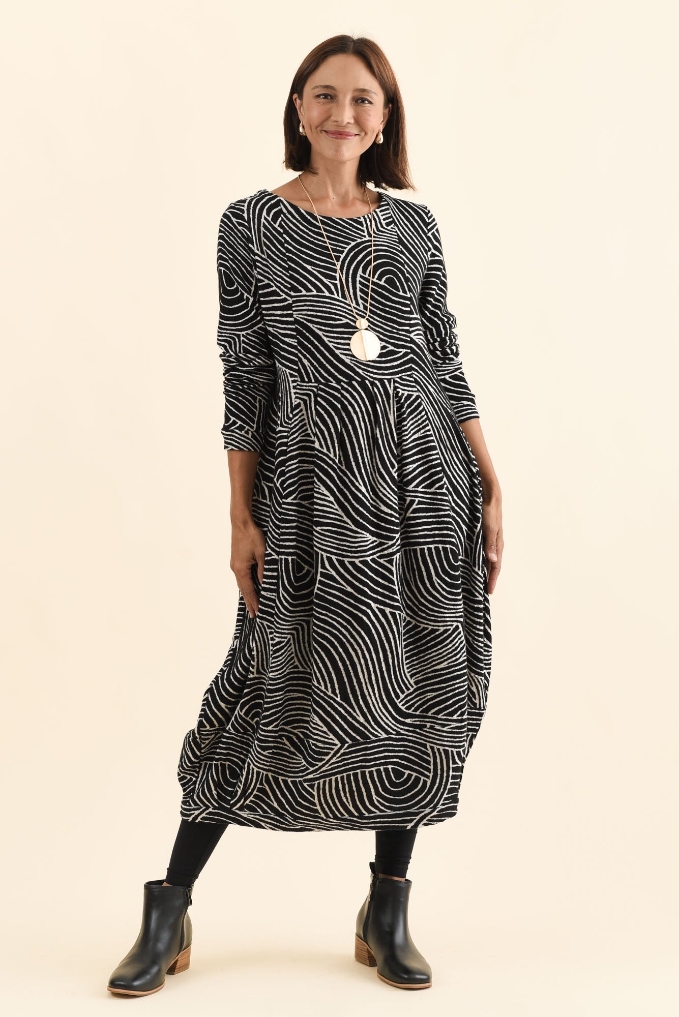Achia Black Stripe Cotton Knit Dress Front View