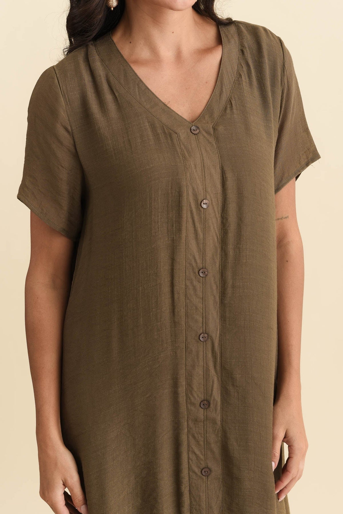 Adelaide Chocolate Layered Button Dress Full Length View